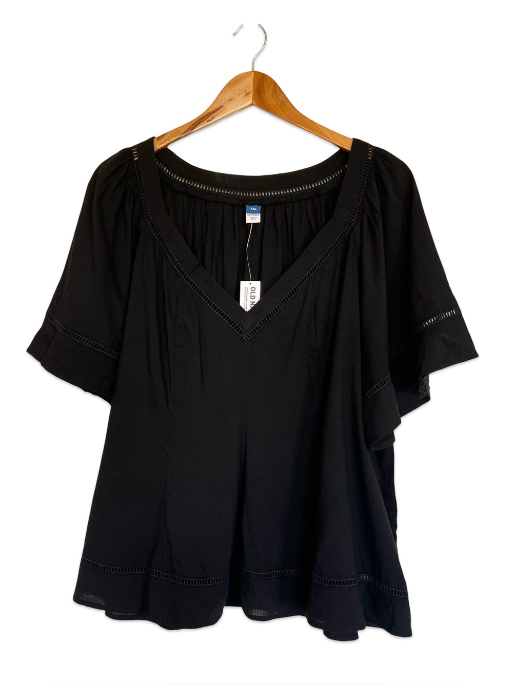 Old navy flowy sleeve lace trim black top NWT Size XXL Lagenlook Summer Loose